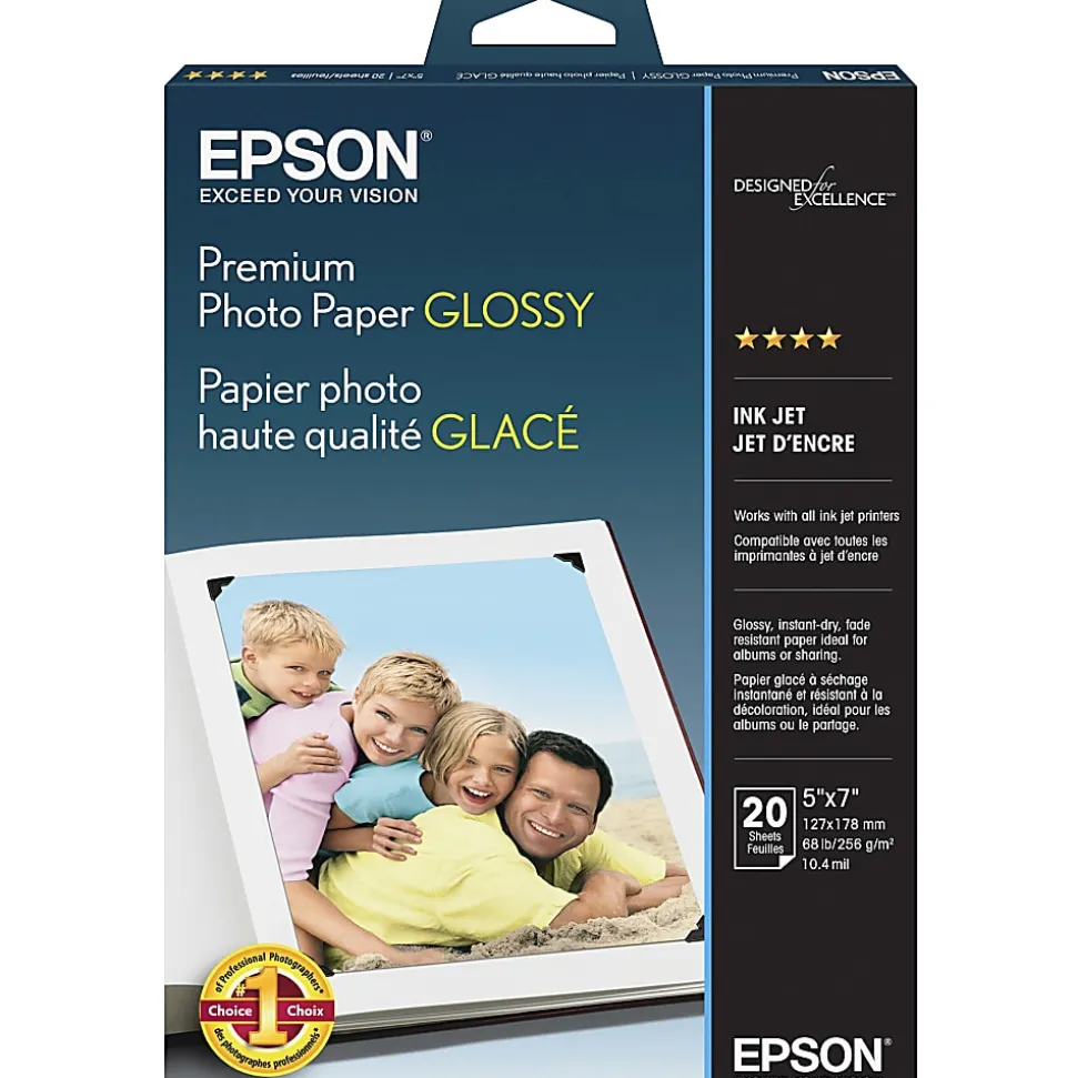 Epson® Premium Glossy Photo Paper, 5" x 7", 68 Lb, Pack Of 20 Sheets