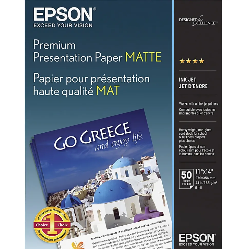 Epson® Premium Presentation Inkjet Paper, 1 Ream, Matte, White, Legal Size (11" x 14"), Ream Of 50 Sheets, 44 Lb, 97 Brightness