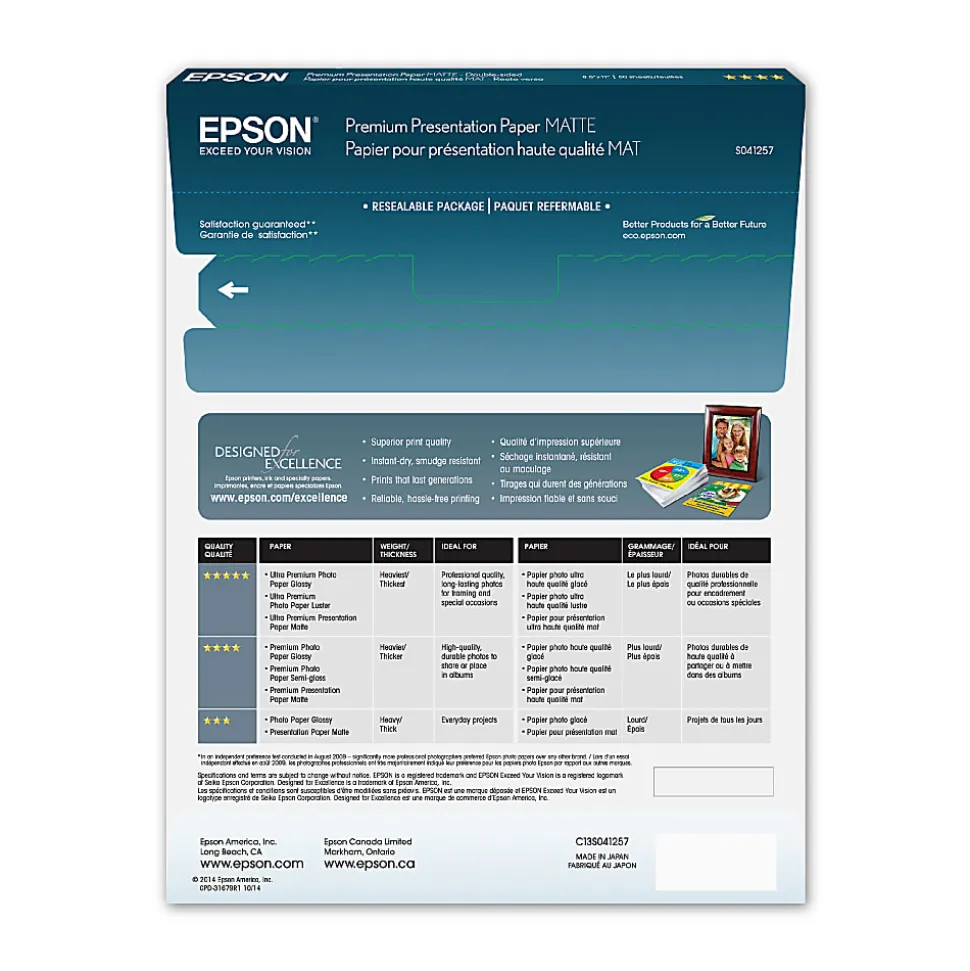 Epson® Premium Presentation Paper, White, Letter (8.5" x 11"), 50 Sheets Per Pack, 44 Lb, 97 Brightness