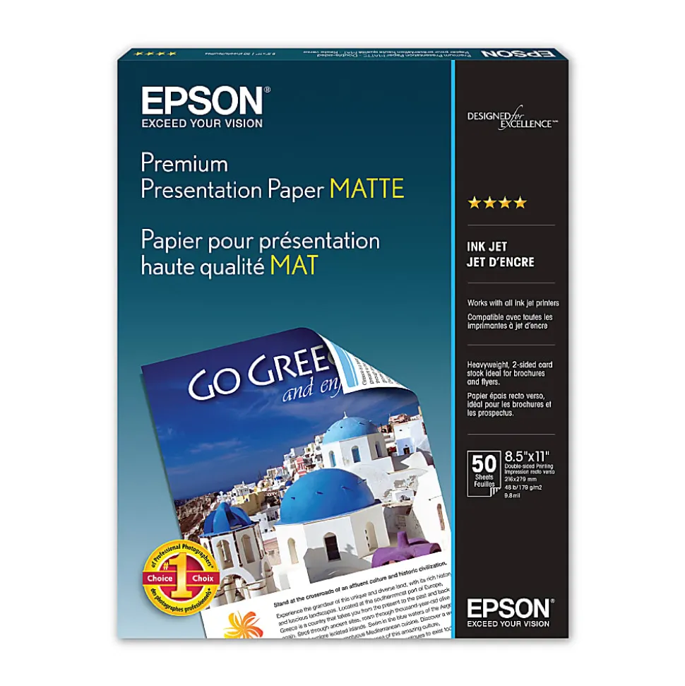 Epson® Premium Presentation Paper, White, Letter (8.5" x 11"), 50 Sheets Per Pack, 44 Lb, 97 Brightness
