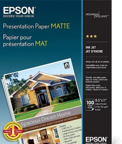 EpsonĀ® Presentation Paper, Matte White, Letter (8.5" x 11"), 100 Sheets Per Pack, 27 Lb, 90 Brightness
