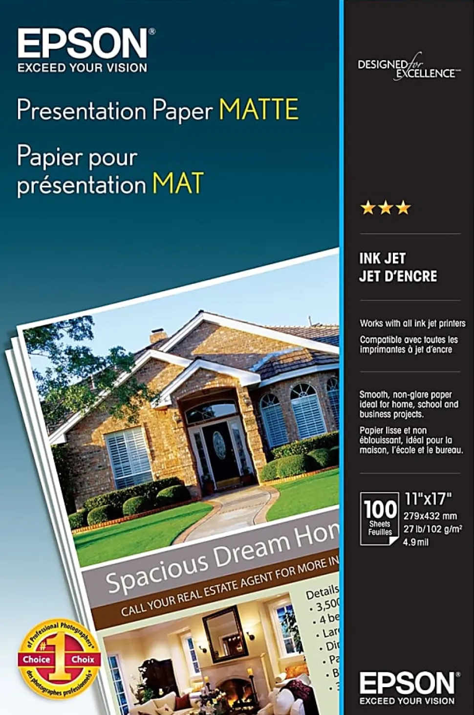 Epson® Presentation Paper, Matte White, Ledger (11" x 17"), 100 Sheets Per Pack, 27 Lb, 90 Brightness
