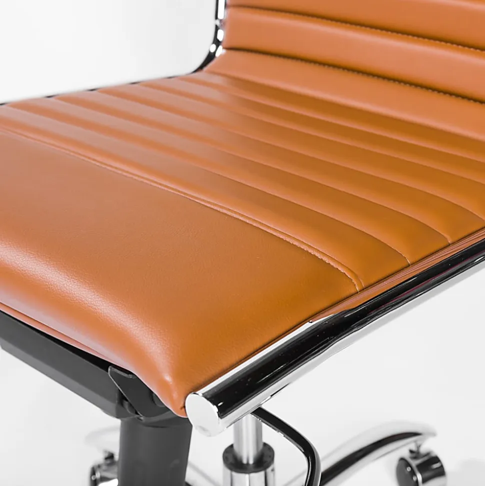Eurostyle Dirk Armless Faux Leather Low-Back Commercial Office Chair, Chrome/Cognac