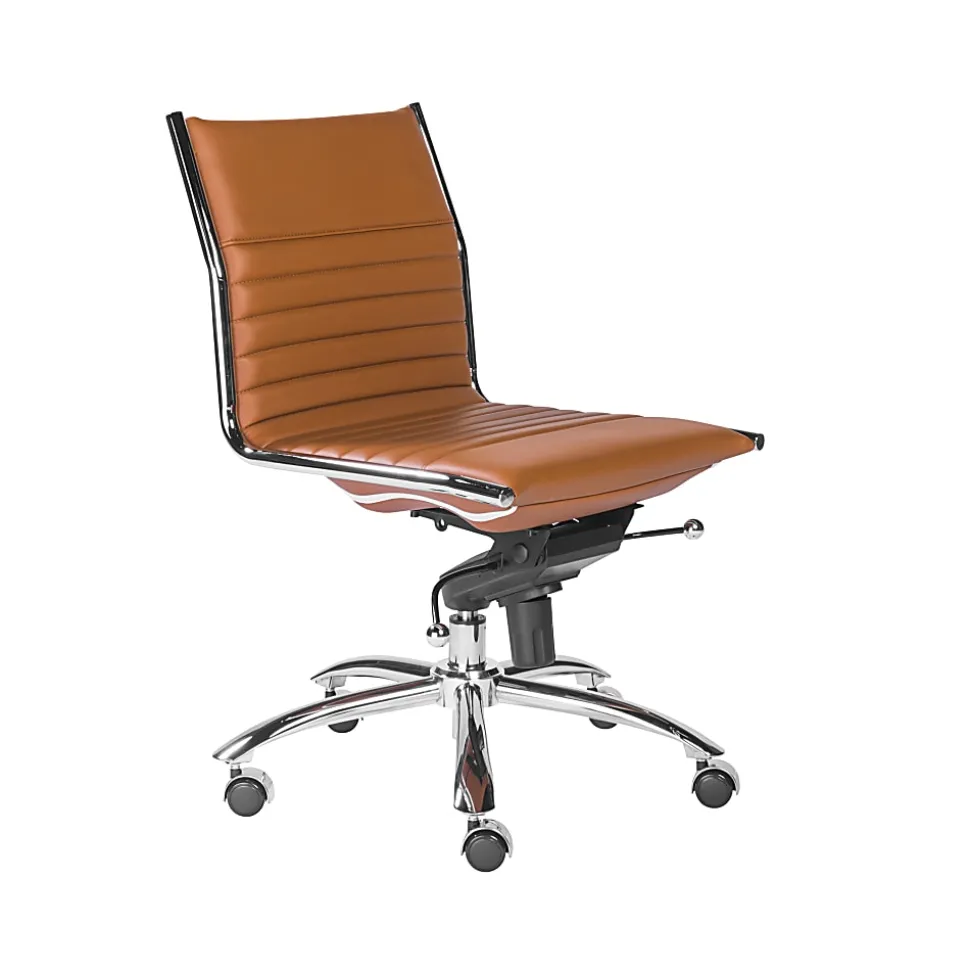 Eurostyle Dirk Armless Faux Leather Low-Back Commercial Office Chair, Chrome/Cognac