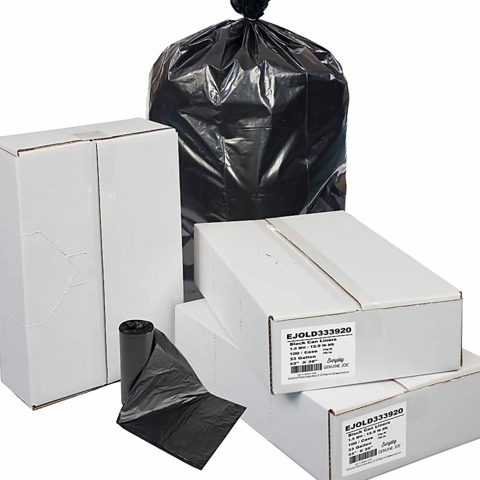 Everyday Genuine Joe Low-Density Can Liners, 33 gal Capacity, 33"x 39", 1.50 mil (38 Micron) Thickness, 100 Bags - LD333920