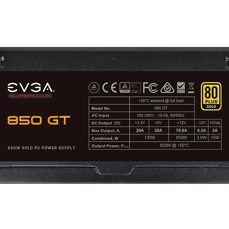 EVGA GT 850W Power Supply - Compact - 120 V AC, 230 V AC Input - 5 V DC, 3.3 V DC, 12 V DC, -12 V DC Output - 220GT0850Y1