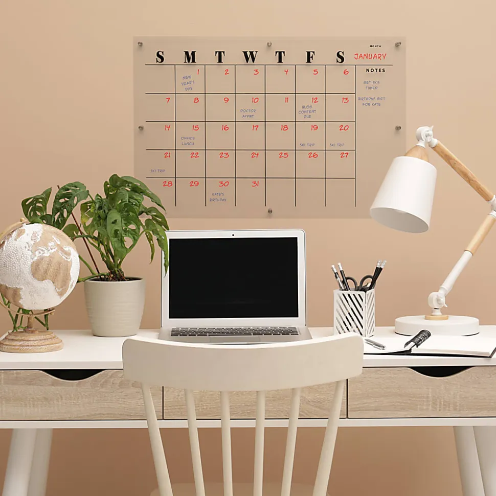 Excello Acrylic Non-Magnetic Dry-Erase Board With Custom Printed Calendar, 30” x 20”, Clear
