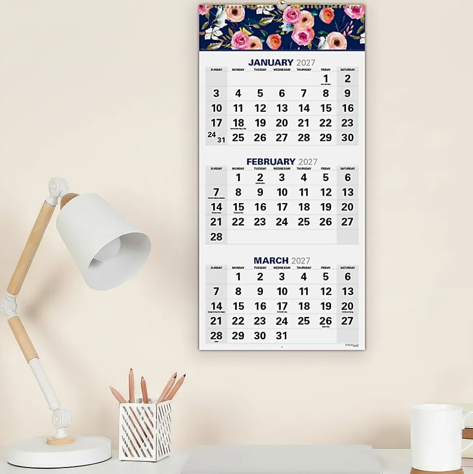 2026-2027 Excello Brands Academic Year Large Print 3-Month View Wall Calendar, 27" x 13", Navy Floral, April To December, Total Qty 1