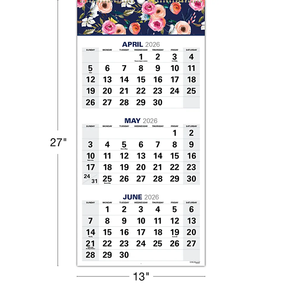 2026-2027 Excello Brands Academic Year Large Print 3-Month View Wall Calendar, 27" x 13", Navy Floral, April To December, Total Qty 1
