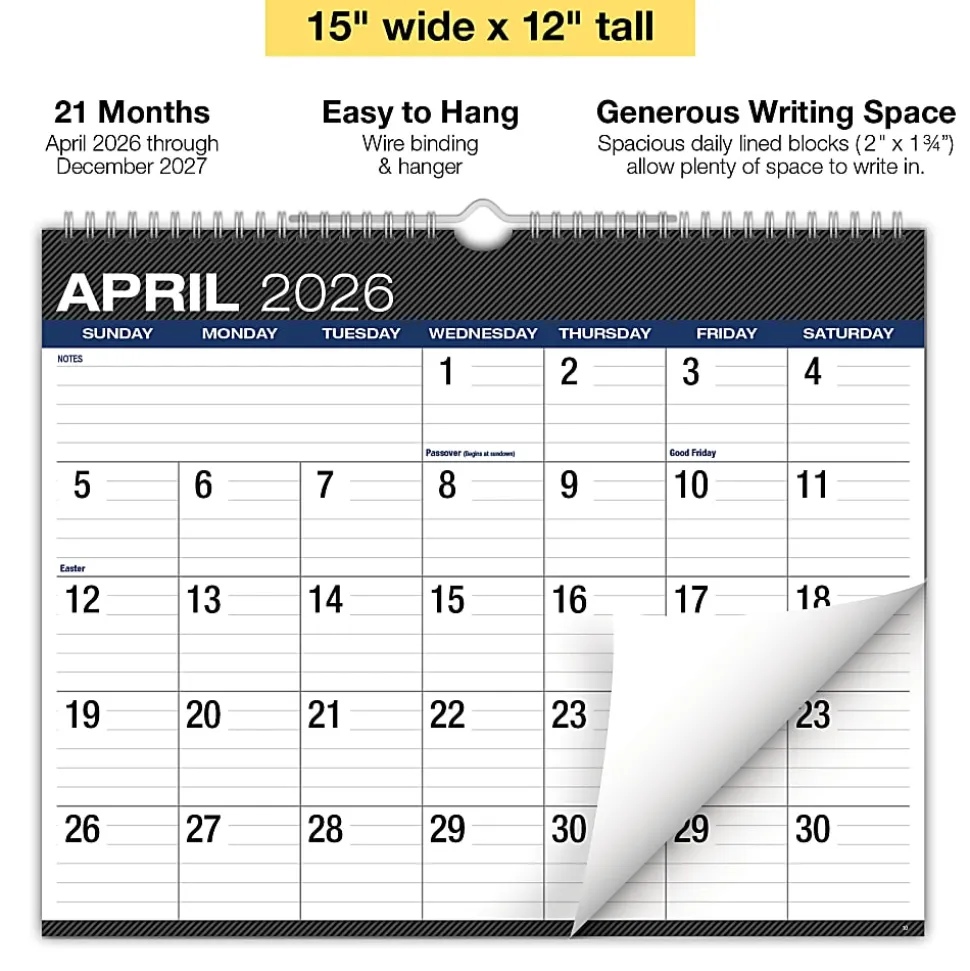 2026-2027 Excello Brands Academic Year Large Print Wall Calendar, 15" x 12", Black, April To December, Total Qty 1