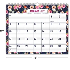 2026-2027 Excello Brands Academic Year Large Print Wall Calendar, 15" x 12", Navy Floral, April To December, Total Qty 1