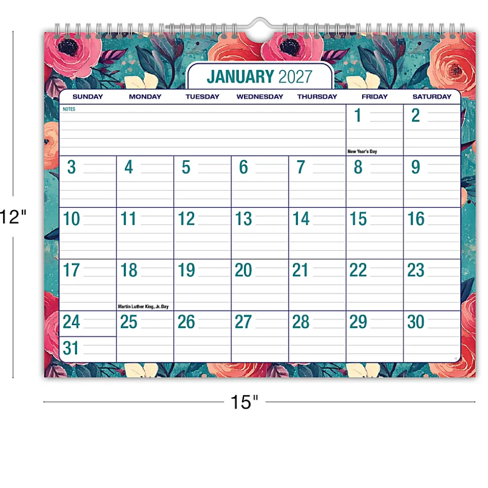 2026-2027 Excello Brands Academic Year Large Print Wall Calendar, 15" x 12", Teal Floral, April To December, Total Qty 1