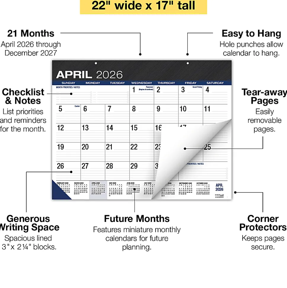 2026-2027 Excello Brands Academic Year Large Print Desk Pad Calendar, 22" x 17", Black, April To December, Total Qty 1