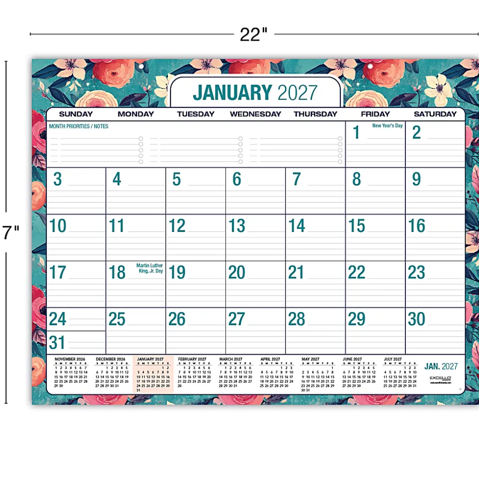 2026-2027 Excello Brands Academic Year Large Print Desk Pad Calendar, 22" x 17", Teal Floral, April To December, Total Qty 1