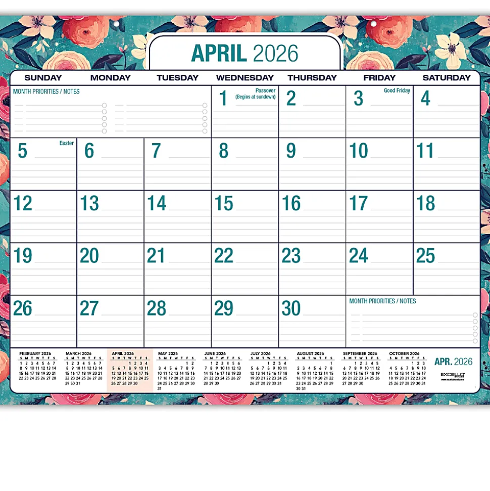 2026-2027 Excello Brands Academic Year Large Print Desk Pad Calendar, 22" x 17", Teal Floral, April To December, Total Qty 1