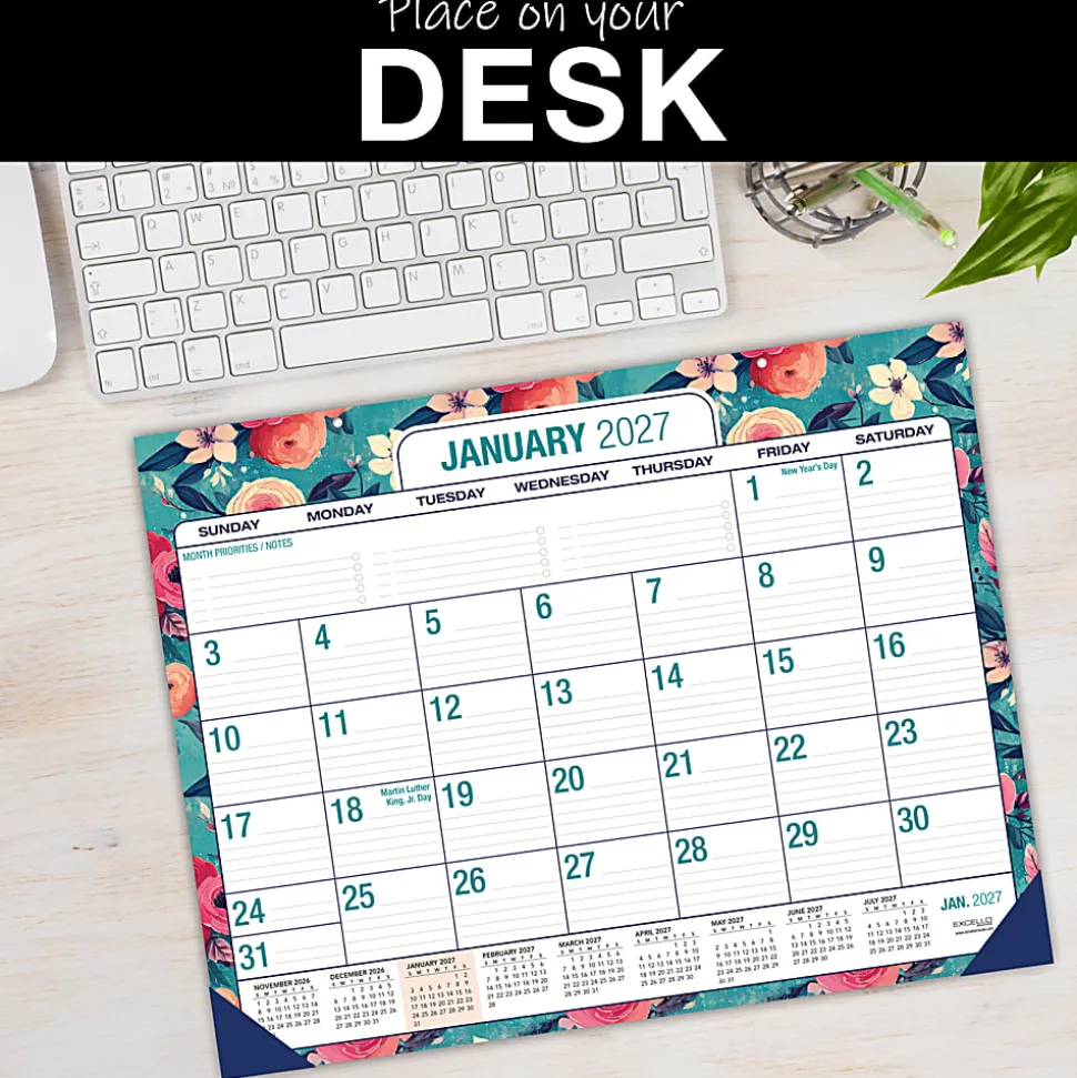 2026-2027 Excello Brands Academic Year Large Print Desk Pad Calendar, 22" x 17", Teal Floral, April To December, Total Qty 1