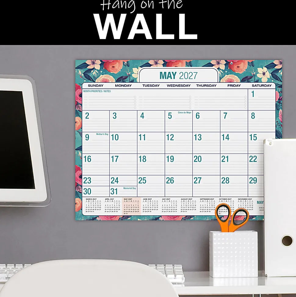 2026-2027 Excello Brands Academic Year Large Print Desk Pad Calendar, 22" x 17", Teal Floral, April To December, Total Qty 1