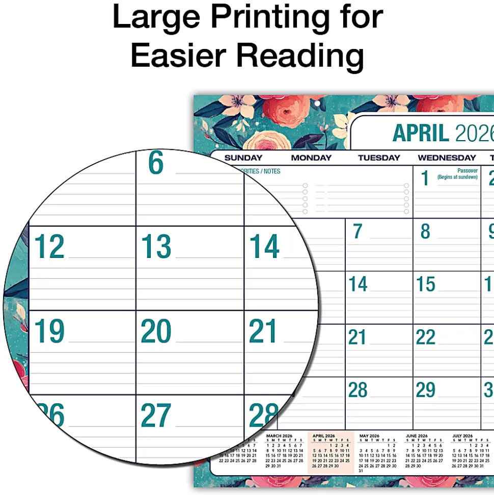 2026-2027 Excello Brands Academic Year Large Print Desk Pad Calendar, 22" x 17", Teal Floral, April To December, Total Qty 1