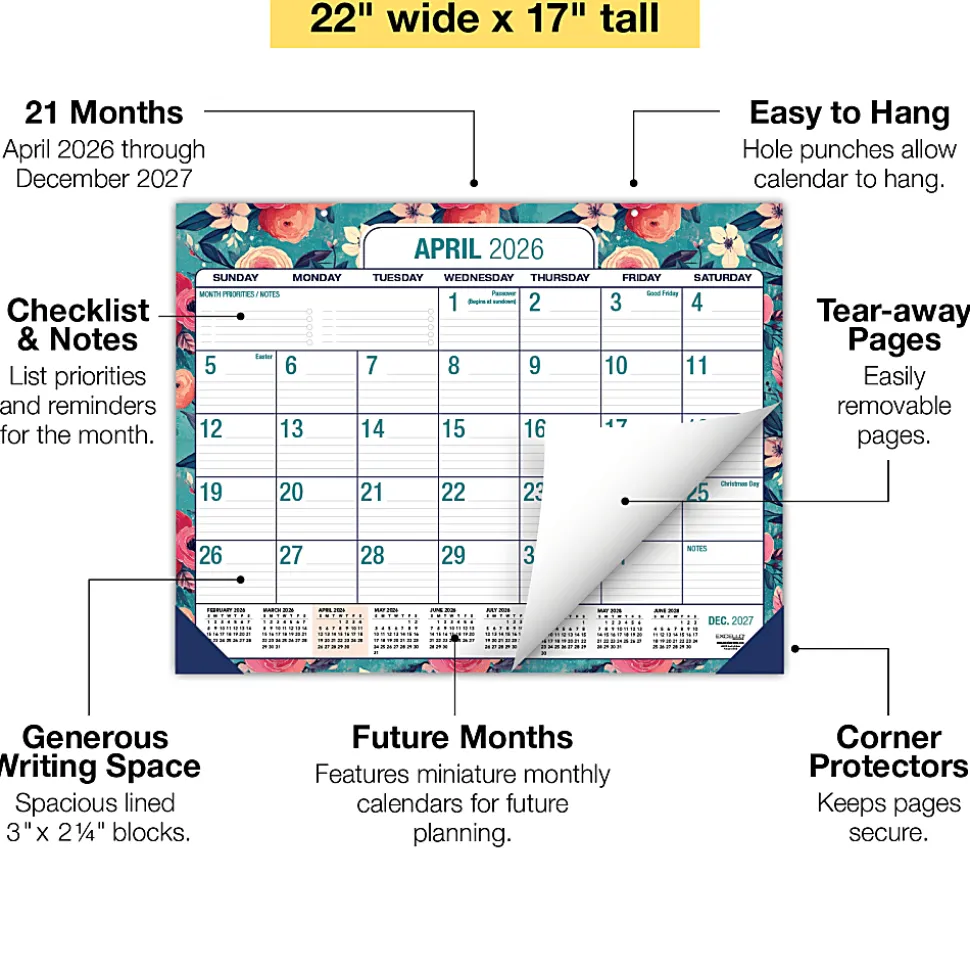 2026-2027 Excello Brands Academic Year Large Print Desk Pad Calendar, 22" x 17", Teal Floral, April To December, Total Qty 1