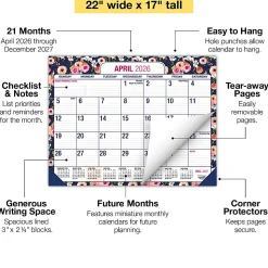2026-2027 Excello Brands Academic Year Large Print Desk Pad Calendar, 22" x 17", Navy Floral, April To December, Total Qty 1