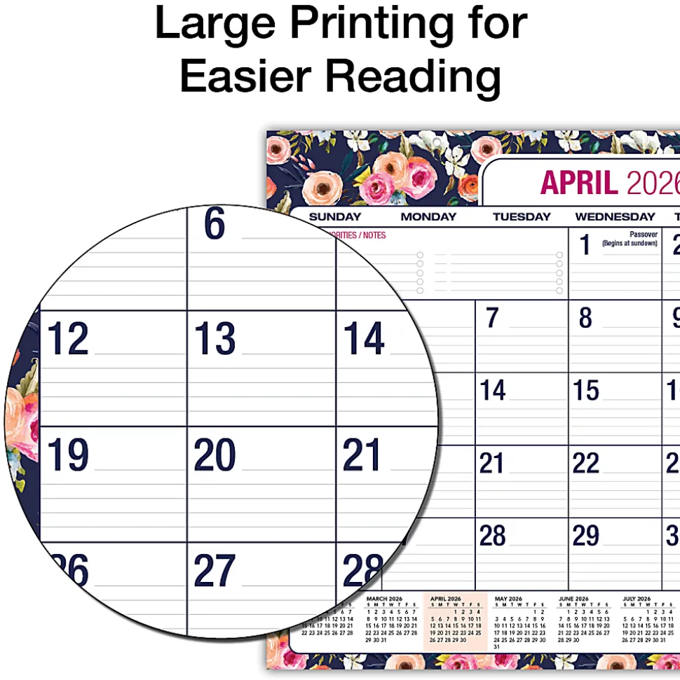 2026-2027 Excello Brands Academic Year Large Print Desk Pad Calendar, 22" x 17", Navy Floral, April To December, Total Qty 1