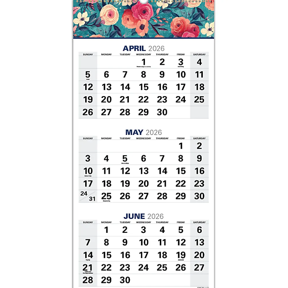 2026-2027 Excello Brands Academic Year Large Print 3-Month View Wall Calendar, 27" x 13", Teal Floral, April To December, Total Qty 1