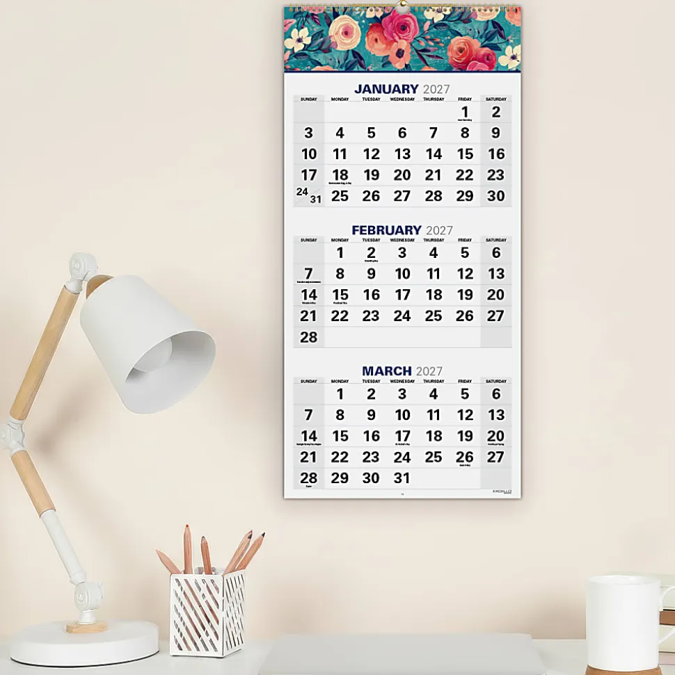 2026-2027 Excello Brands Academic Year Large Print 3-Month View Wall Calendar, 27" x 13", Teal Floral, April To December, Total Qty 1