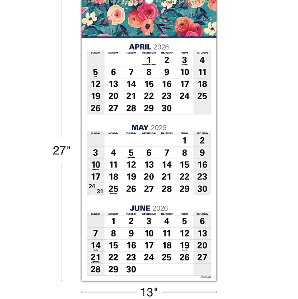 2026-2027 Excello Brands Academic Year Large Print 3-Month View Wall Calendar, 27" x 13", Teal Floral, April To December, Total Qty 1