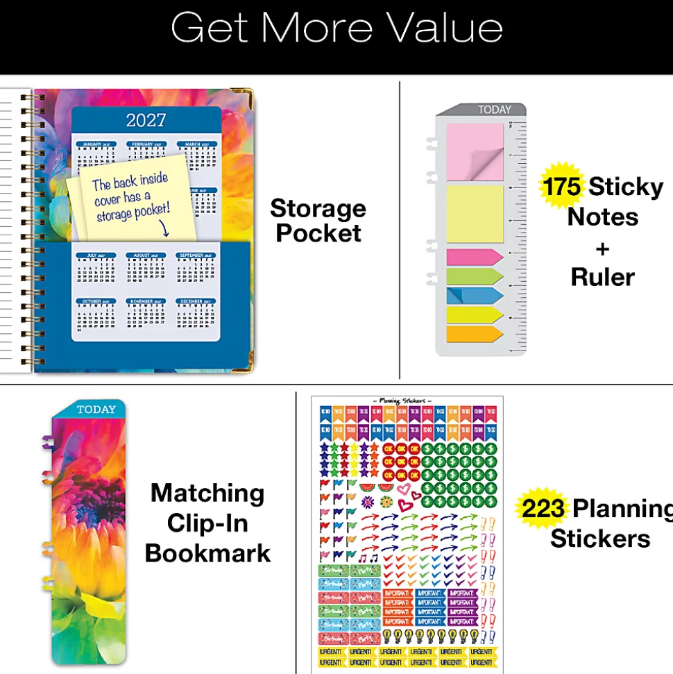 2026-2027 Excello Brands 14-Month Academic Year Hardcover Weekly/Monthly Fashion Planner, 8-1/2" x 11", Rainbow Petals, May To June, Total Qty 1