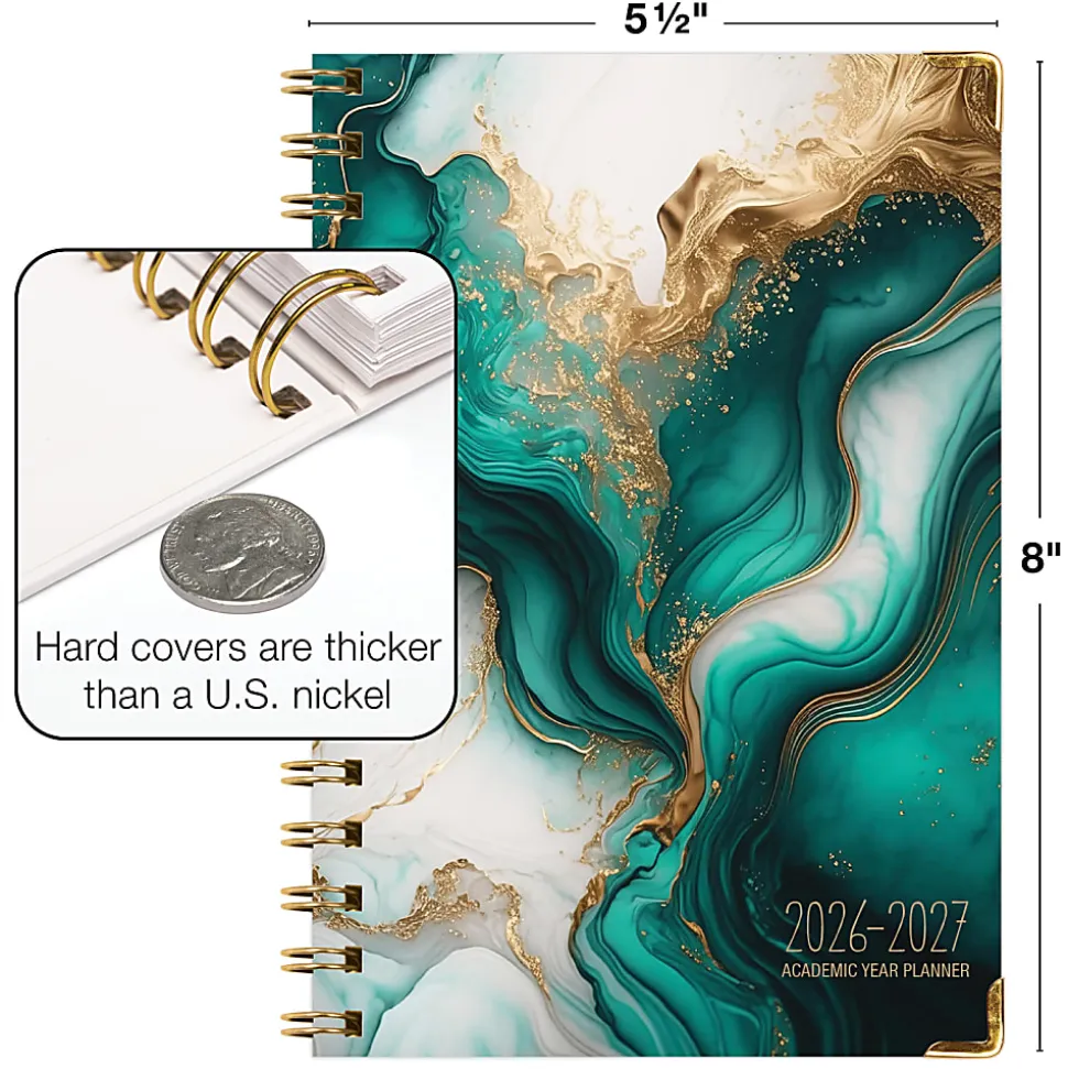 2026-2027 Excello Brands 14-Month Academic Year Hardcover Weekly/Monthly Fashion Planner, 5-1/2" x 8", Teal Gold Marble, May To June, Total Qty 1