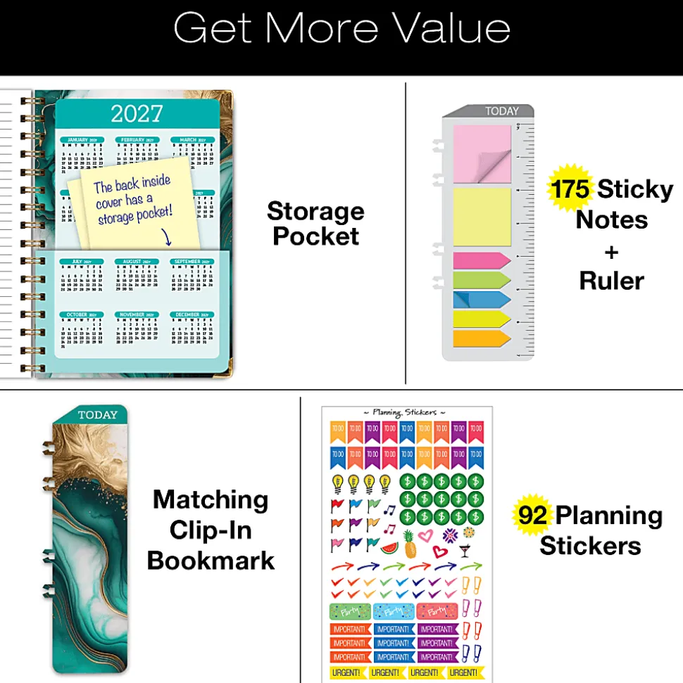 2026-2027 Excello Brands 14-Month Academic Year Hardcover Weekly/Monthly Fashion Planner, 5-1/2" x 8", Teal Gold Marble, May To June, Total Qty 1