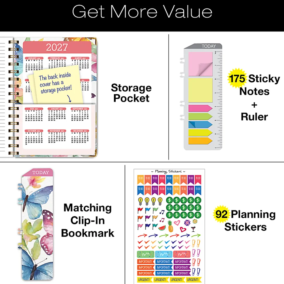2026-2027 Excello Brands 14-Month Academic Year Hardcover Weekly/Monthly Fashion Planner, 5-1/2" x 8", Watercolor Butterflies, May-June, Total Qty 1