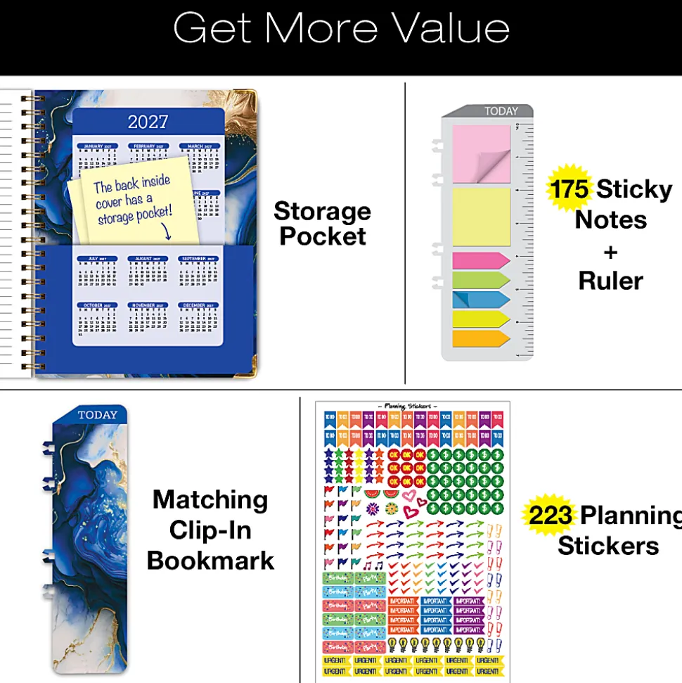 2026-2027 Excello Brands 14-Month Academic Year Hardcover Weekly/Monthly Fashion Planner, 8-1/2" x 11", Dark Blue Marble, May To June, Total Qty 1