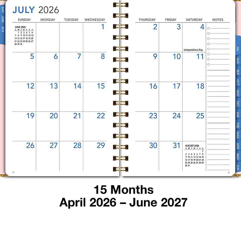 2026-2027 Excello Brands 15-Month Weekly/Monthly Academic Year Large Print Planner, 5” x 8", Pink Gold Numbers, May To June, Total Qty 1