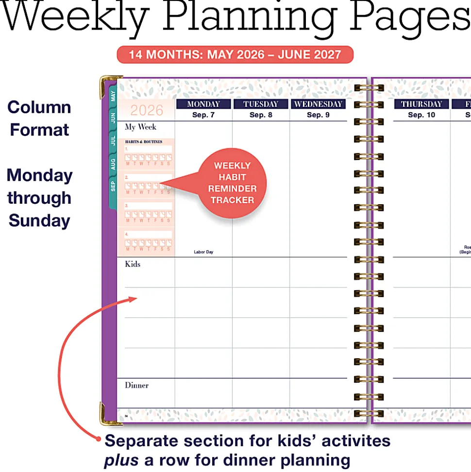 2026-2027 Excello Brands 14-Month Weekly/Monthly Academic Year Family Planner, 8-1/2" x 11", Rainbow Floral, May To June, Total Qty 1
