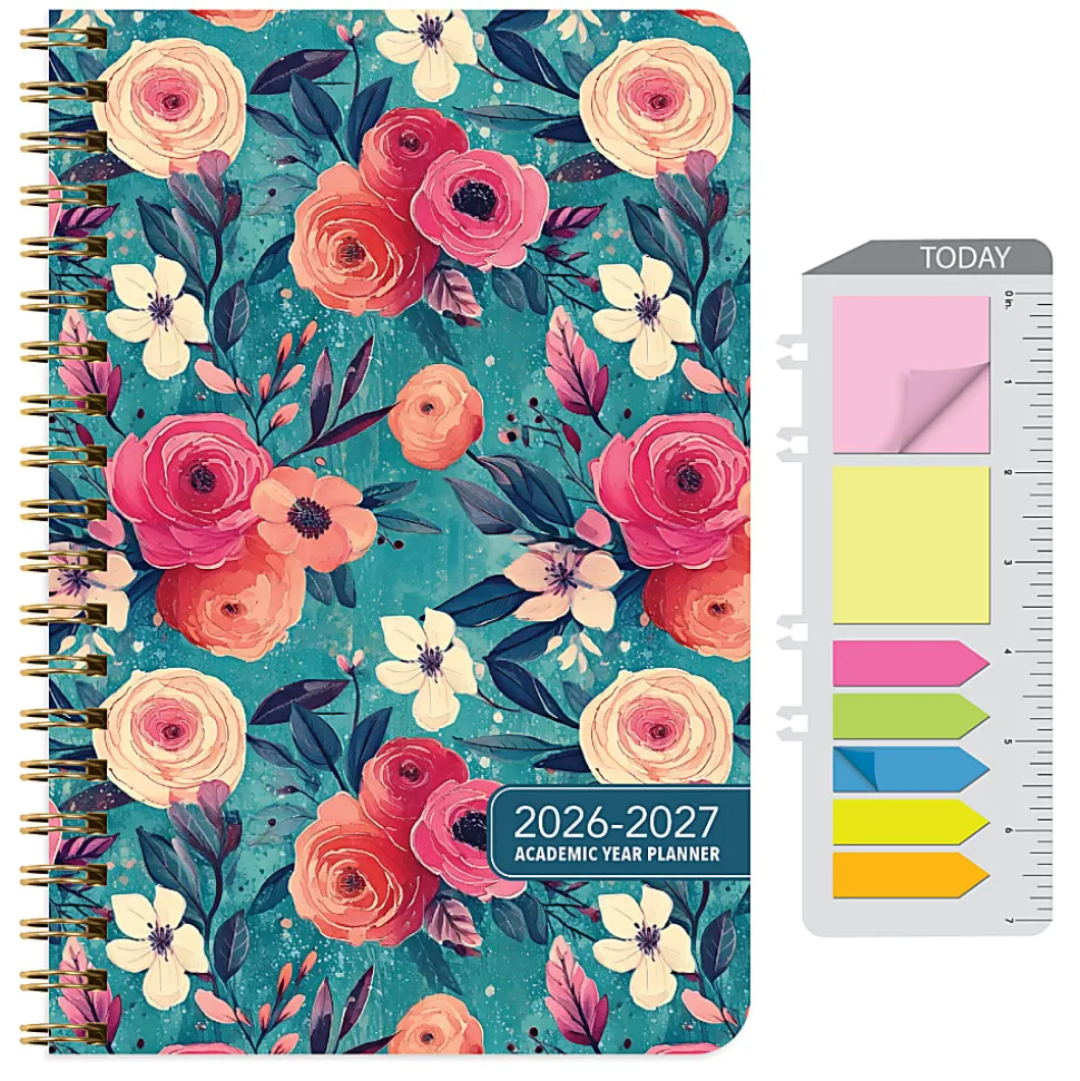 2026-2027 Excello Brands 15-Month Weekly/Monthly Academic Year Large Print Planner, 5” x 8", Teal Floral, May To June, Total Qty 1
