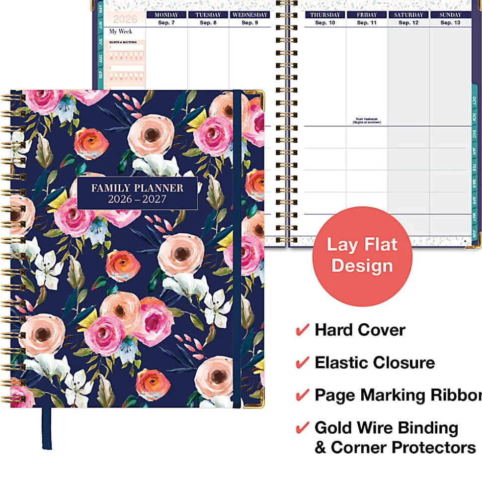 2026-2027 Excello Brands 14-Month Weekly/Monthly Academic Year Family Planner, 8-1/2" x 11", Navy Floral, May To June, Total Qty 1