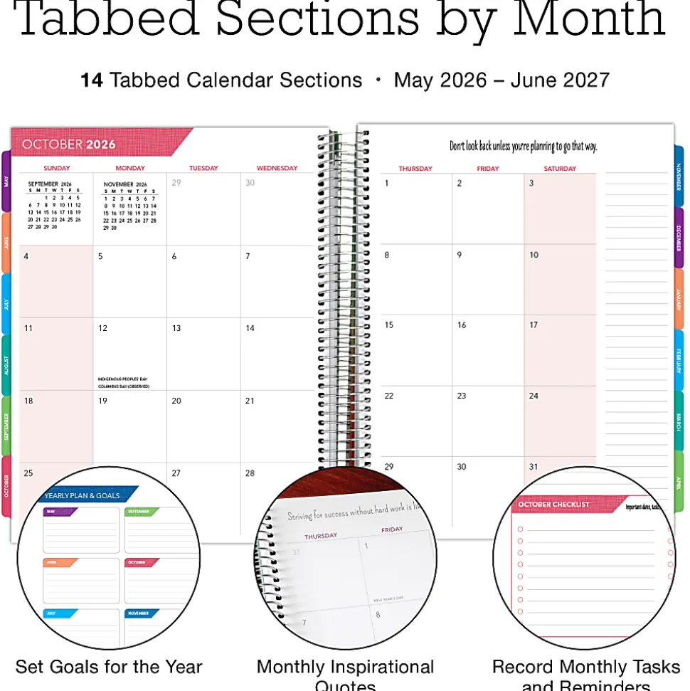 2026-2027 Excello Brands 14-Month Weekly/Monthly Academic Year Deluxe Planner, 8-1/2” x 11", Black Floral Pink, May To June, Total Qty 1