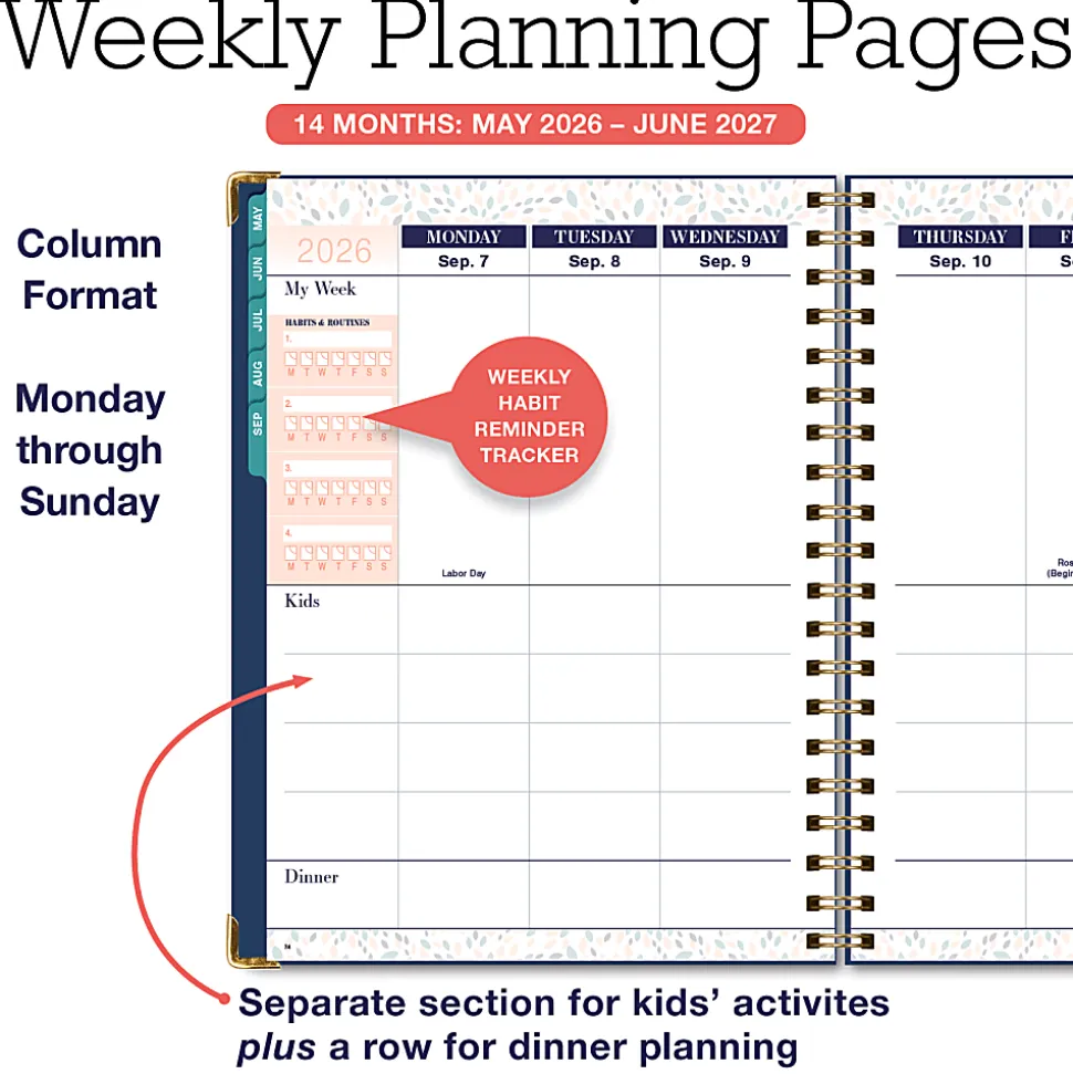 2026-2027 Excello Brands 14-Month Weekly/Monthly Academic Year Family Planner, 8-1/2" x 11", Navy Gold Numbers, May To June, Total Qty 1