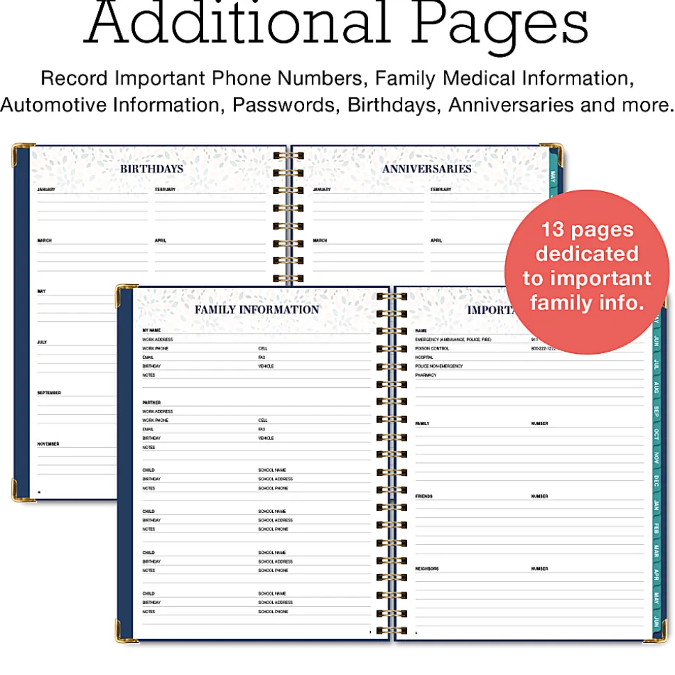 2026-2027 Excello Brands 14-Month Weekly/Monthly Academic Year Family Planner, 8-1/2" x 11", Navy Gold Numbers, May To June, Total Qty 1