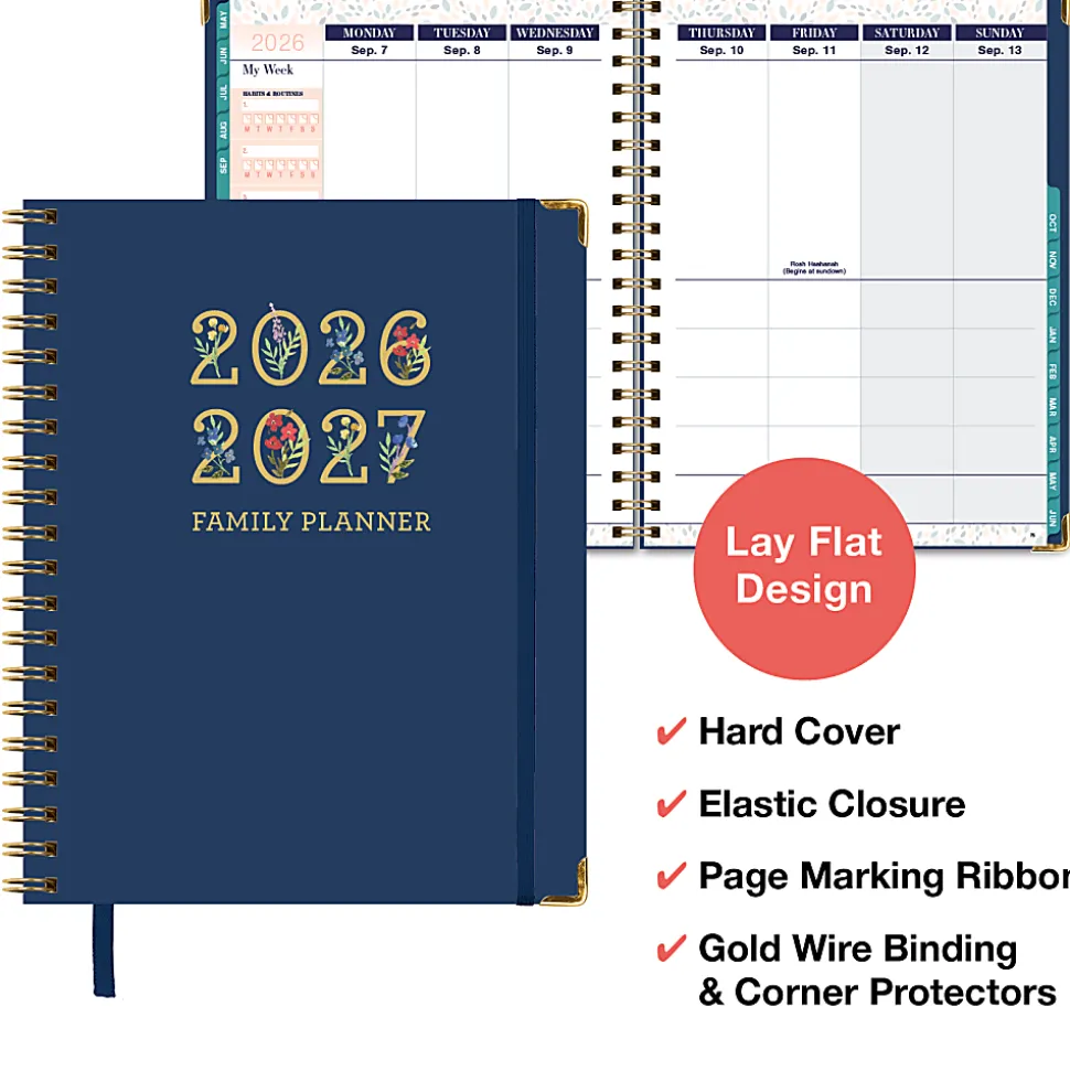 2026-2027 Excello Brands 14-Month Weekly/Monthly Academic Year Family Planner, 8-1/2" x 11", Navy Gold Numbers, May To June, Total Qty 1
