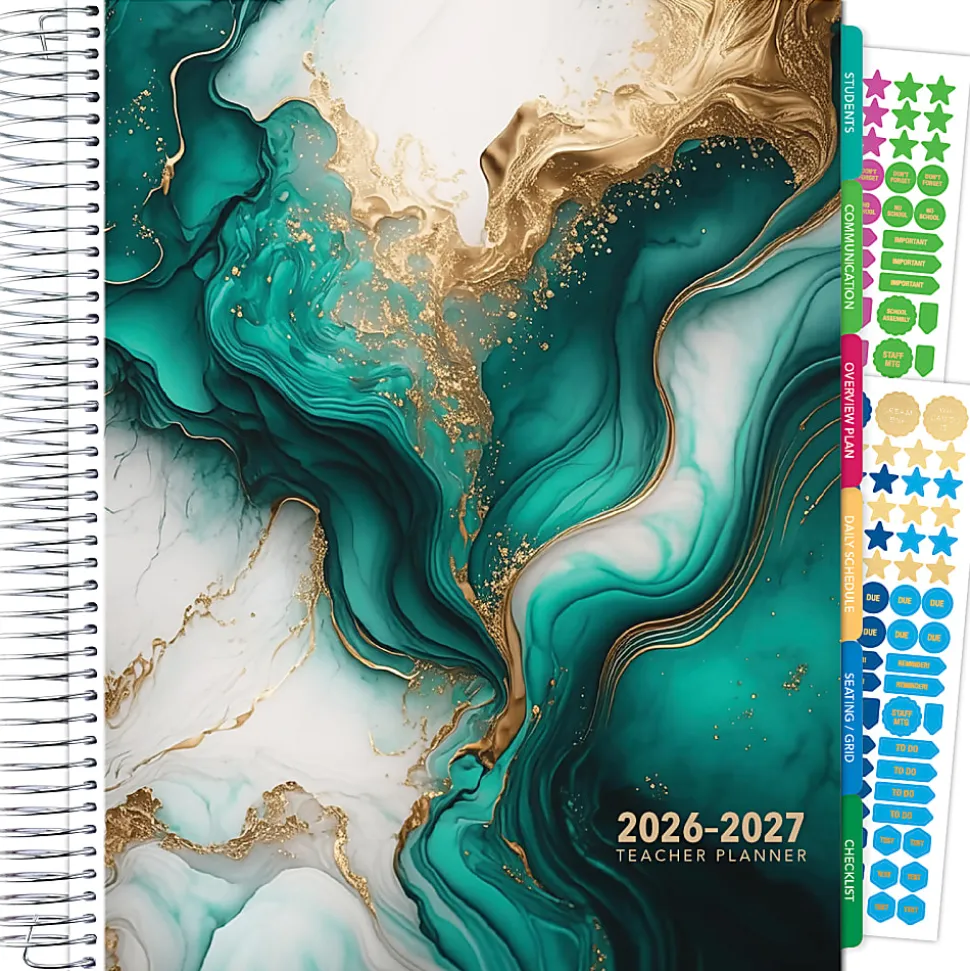 2026-2027 Excello Brands Weekly/Monthly Academic Year Deluxe Teacher Planner, 8-1/2" x 11", Teal Gold Marble, August To July, Total Qty 1