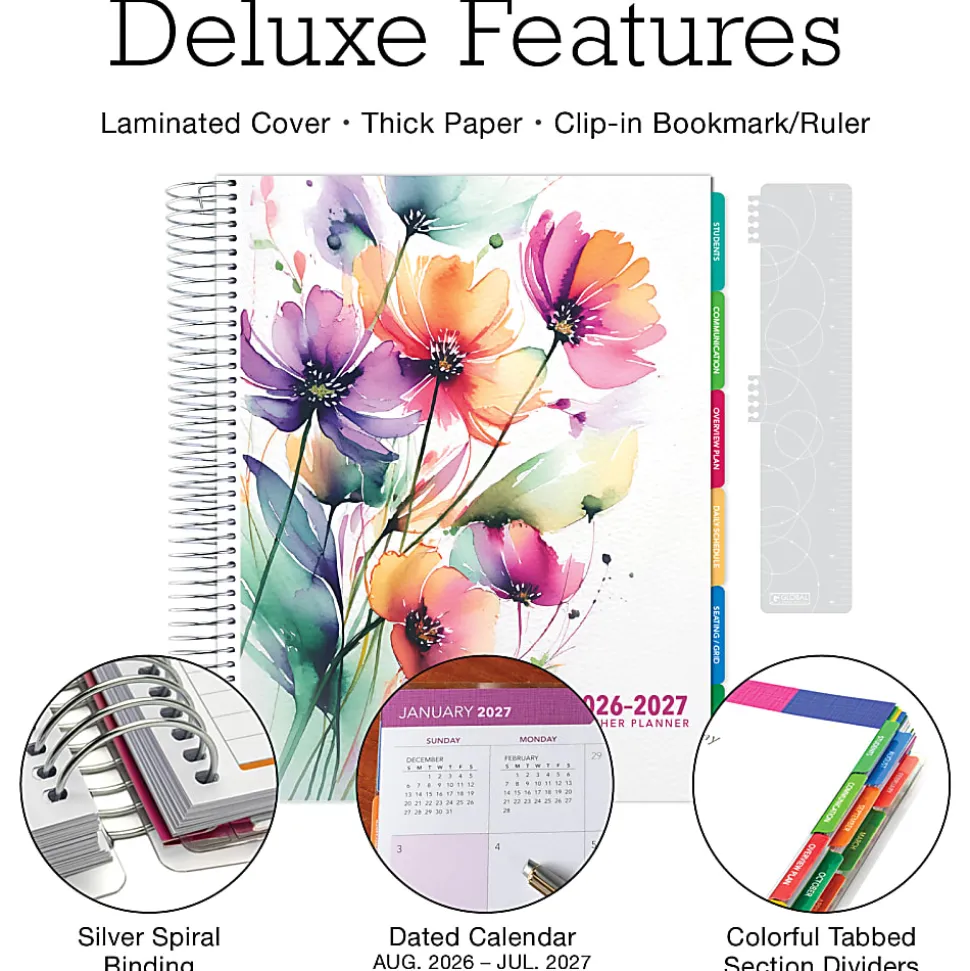 2026-2027 Excello Brands Weekly/Monthly Academic Year Deluxe Teacher Planner, 8-1/2" x 11", Rainbow Floral, August To July, Total Qty 1