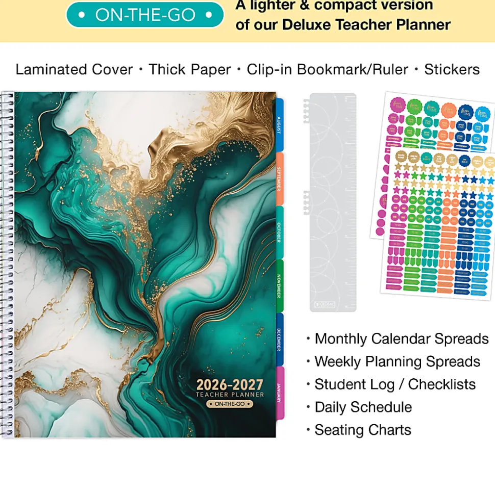2026-2027 Excello Brands Weekly/Monthly Academic Year Teacher Planner, 8-1/2" x 11", Teal Gold Marble, August To July, Total Qty 1