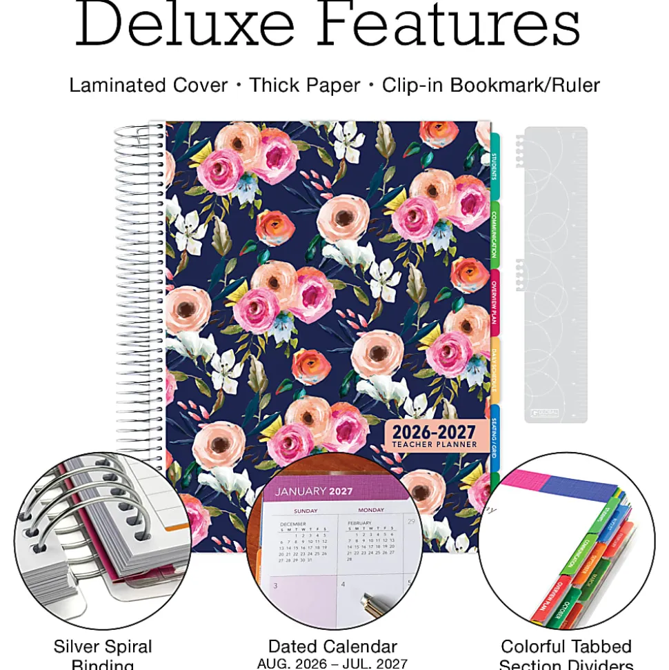 2026-2027 Excello Brands Weekly/Monthly Academic Year Deluxe Teacher Planner, 8-1/2" x 11", Small Navy Floral, August To July, Total Qty 1