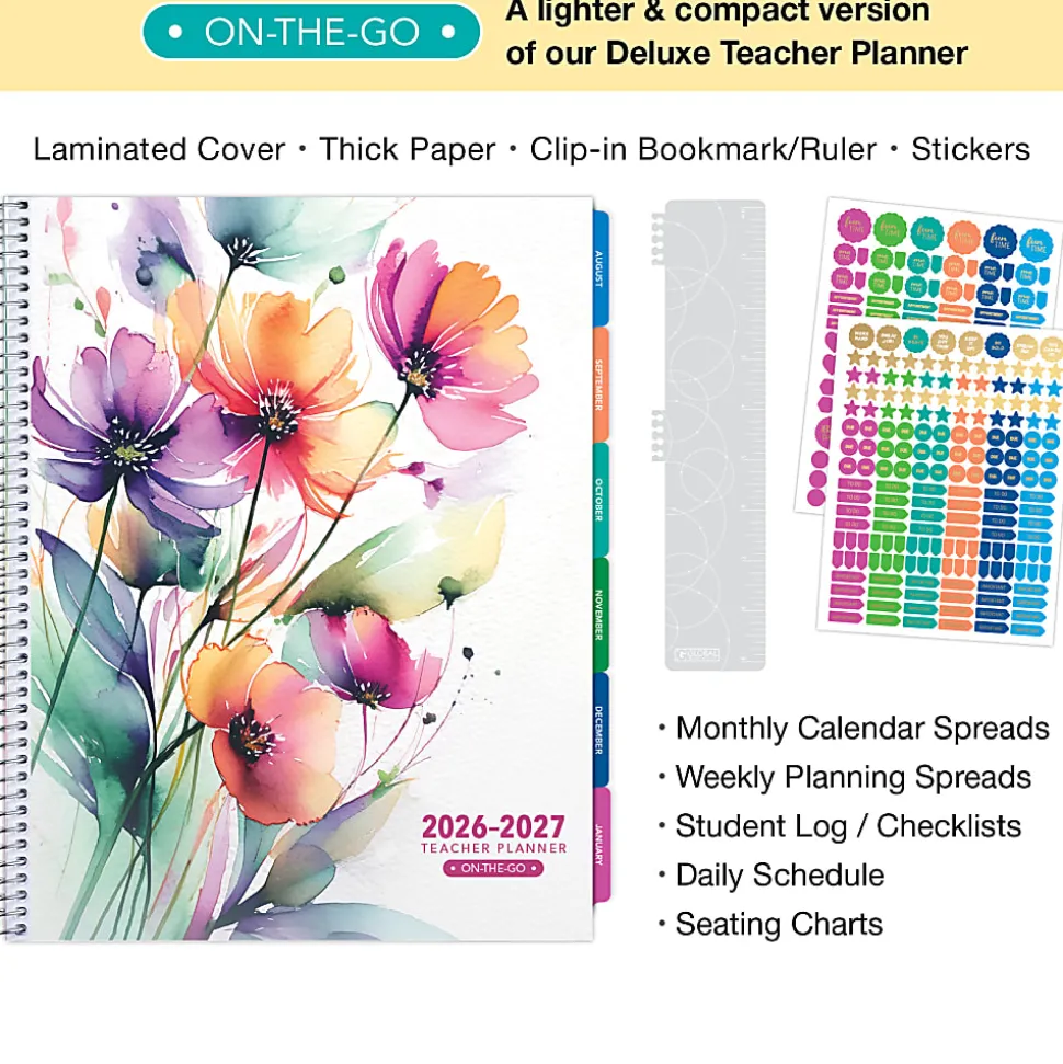 2026-2027 Excello Brands Weekly/Monthly Academic Year Teacher Planner, 8-1/2" x 11", Rainbow Floral, August To July, Total Qty 1