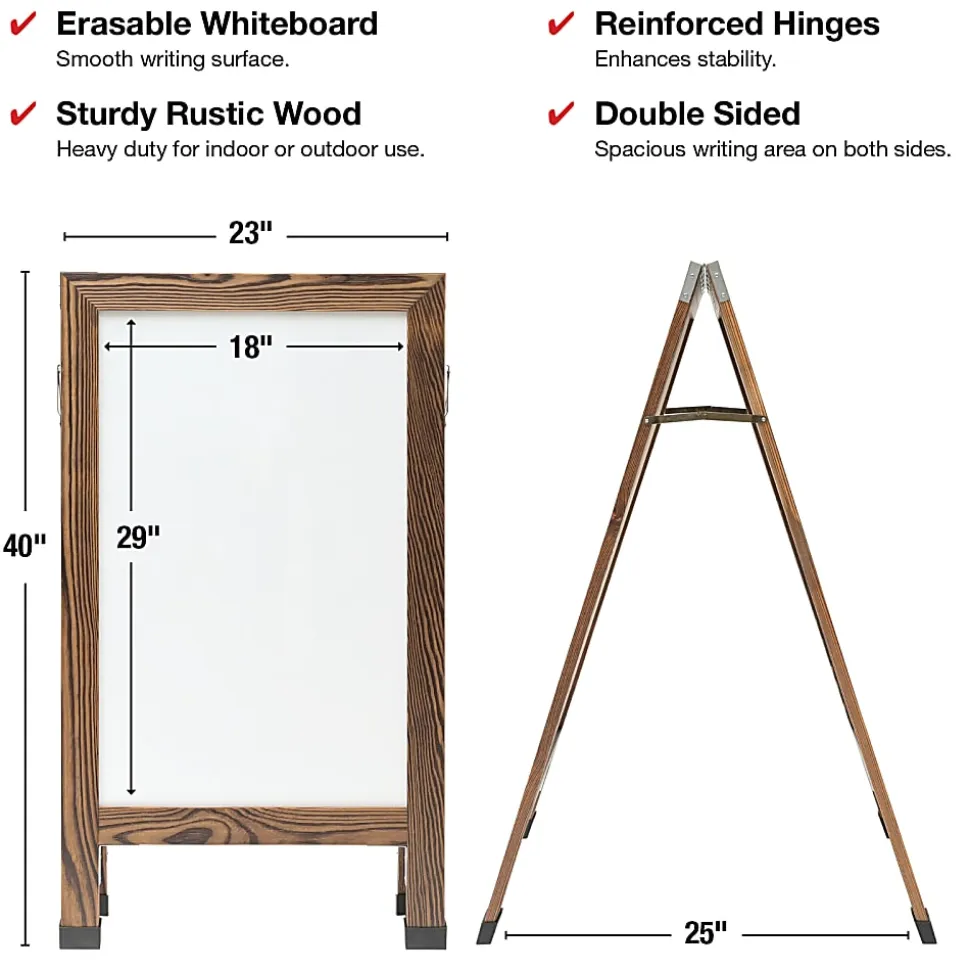 Excello Double-Sided Indestructible A-Frame Magnetic Dry-Erase Whiteboard, Steel, 40” x 23”, White, Brown Wood Frame