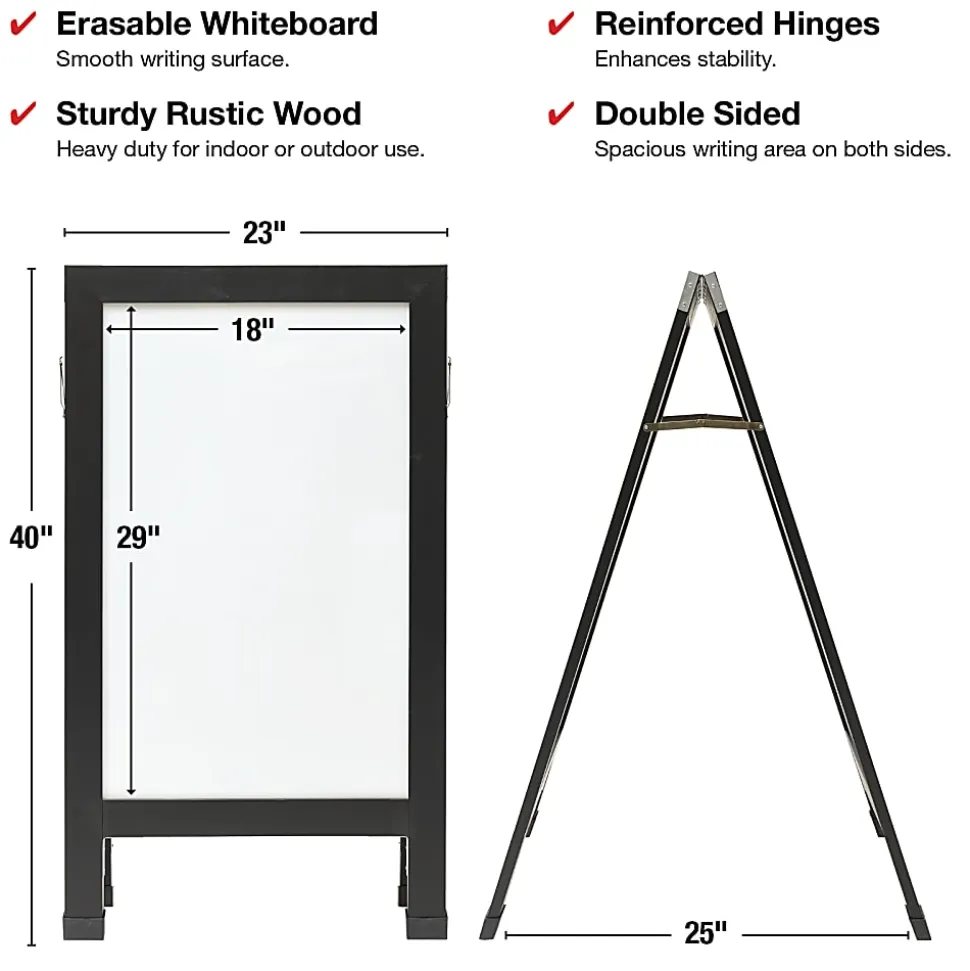 Excello Double-Sided Indestructible A-Frame Magnetic Dry-Erase Whiteboard, Steel, 40” x 23”, White, Black Wood Frame