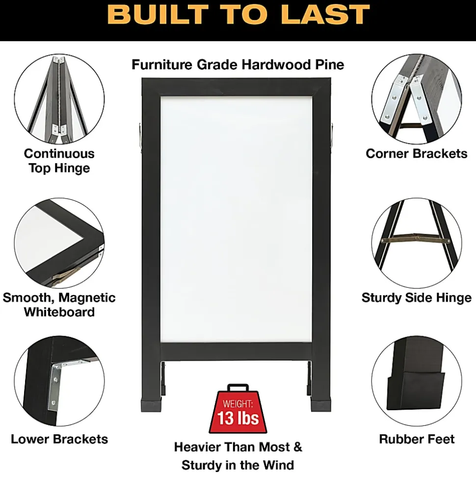 Excello Double-Sided Indestructible A-Frame Magnetic Dry-Erase Whiteboard, Steel, 40” x 23”, White, Black Wood Frame