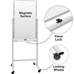 Excello Double-Sided Mobile Magnetic Dry-Erase Whiteboard On Wheels, Steel, 40” x 24”, White, Aluminum Frame